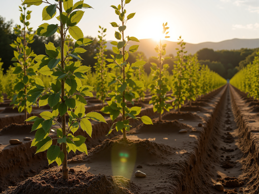 绿色农场田野景色,远处有青山,近处有果树和农田,阳光明媚