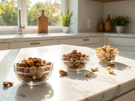 新鲜采摘的坚果和干果,背景为绿色植物,自然光线照射